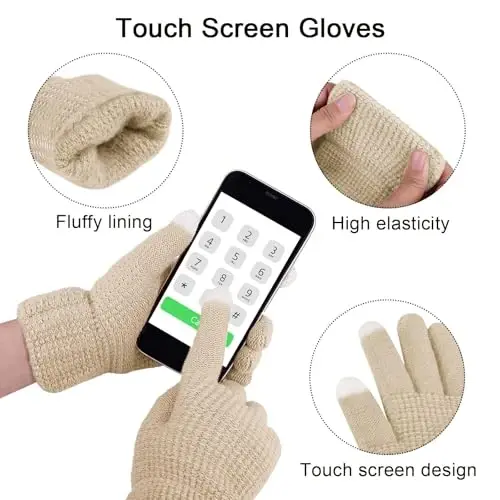 URATOT 4-In-1 Winter Warm Sets Knitted Scarf Touch Screen Gloves Beanie Pompom Hat and Winter Ear Warmer for Men or Women - 3