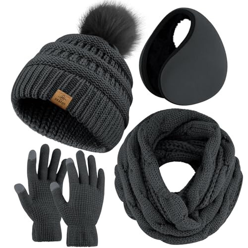 URATOT Winter Warm Sets Knitted Scarf Beanie Pompom Hat Touch Screen Gloves and Winter Ear Warmer Set for Men or Women - 1