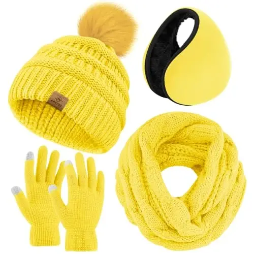 URATOT Winter Warm Sets Knitted Scarf Beanie Pompom Hat Touch Screen Gloves and Winter Ear Warmer Set for Men or Women - 1