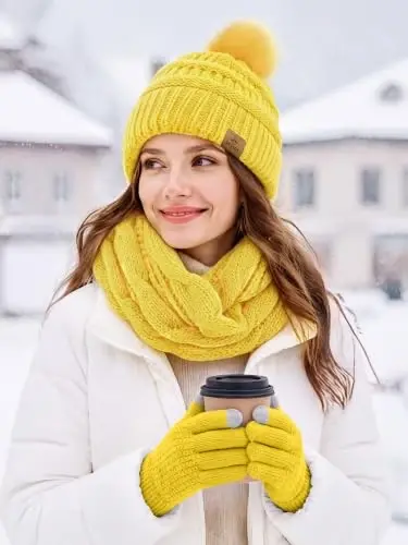 URATOT Winter Warm Sets Knitted Scarf Beanie Pompom Hat Touch Screen Gloves and Winter Ear Warmer Set for Men or Women - 5