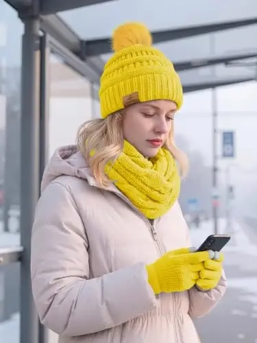 URATOT Winter Warm Sets Knitted Scarf Beanie Pompom Hat Touch Screen Gloves and Winter Ear Warmer Set for Men or Women - 6