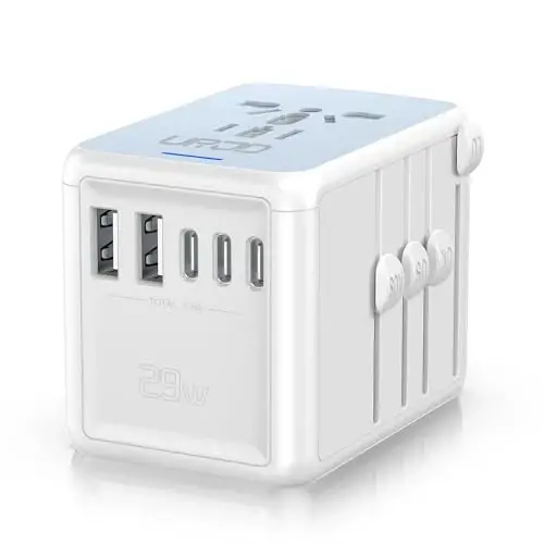 URJD Universal Travel Adapter, 6.0A 5 USB Ports (3 USB C) & 2500W AC Outlet, International Power Plug Adapter Worldwide Travel Wall Charger Multi Plug for Europe UK US AUS (Type C/G/A/I, White) - 1