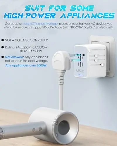 URJD Universal Travel Adapter, 6.0A 5 USB Ports (3 USB C) & 2500W AC Outlet, International Power Plug Adapter Worldwide Travel Wall Charger Multi Plug for Europe UK US AUS (Type C/G/A/I, White) - 3