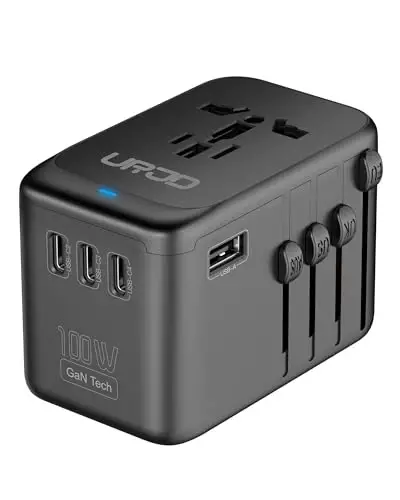 URJD Universal Travel Adapter 100W GaN Fast Charger in One, 4 USB C 1 USB A Ports & 2500W AC Outlet, International Power Plug Adapter with EU UK US AUS Plugs for 200+ Countries - 1