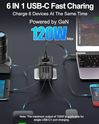 URJD Universal Travel Adapter, 120W GaN International Power Plug Adapter, 5 USB Ports and 1 AC Outlet, All-in-One Travel Charger for 200+Countries, Fast Charging All USB & Dual Voltage Devices - 3
