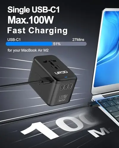 URJD Universal Travel Adapter, 120W GaN International Power Plug Adapter, 5 USB Ports and 1 AC Outlet, All-in-One Travel Charger for 200+Countries, Fast Charging All USB & Dual Voltage Devices - 4