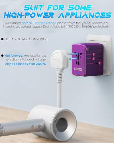 URJD Universal Travel Adapter Offers 5.8A 3X 3.0A USB-C Ports, 2X 2.4A USB-A Ports and Multi AC Outlet, All-in-One International Power Plug Adapter Worldwide Travel Charger for EU USA UK AUS (Purple) - 1