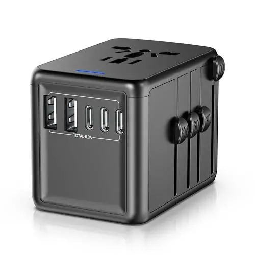 URJD Universal Travel Adapter, 6.0A 30W 5 USB C/A Ports + 2500W AC Outlets, International Power Adapter for All USB Devices, Multi Plugs 110V 220V A/C, European Travel Plug Adapter for 200+ Countries - 1