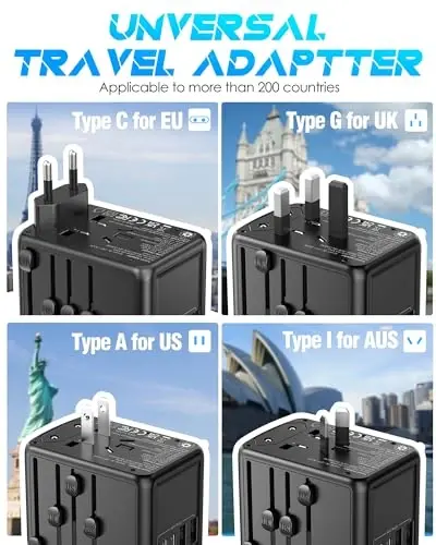 URJD Universal Travel Adapter, 6.0A 30W 5 USB C/A Ports + 2500W AC Outlets, International Power Adapter for All USB Devices, Multi Plugs 110V 220V A/C, European Travel Plug Adapter for 200+ Countries - 3