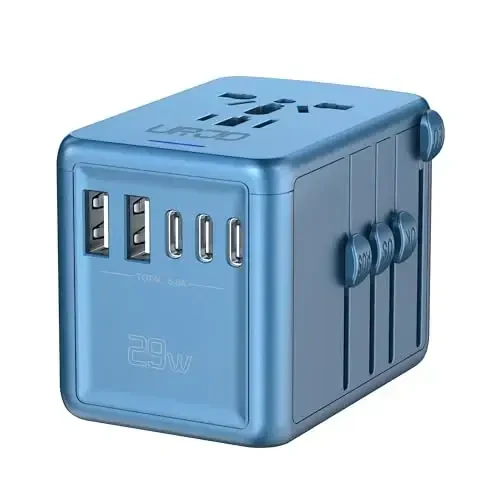 URJD Universal Travel Adapter Offers 6.0A 3X 3.0A USB-C Ports, 2X 2.4A USB-A Ports and Multi AC Outlet, International Power Plug Adapter Worldwide Travel Charger for EU USA UK AUS (Blue) 