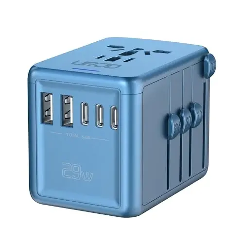 URJD Universal Travel Adapter Offers 6.0A 3X 3.0A USB-C Ports, 2X 2.4A USB-A Ports and 2500W Multi AC Outlet, International Power Plug Adapter Worldwide Travel Charger for EU USA UK AUS (Blue) - 1