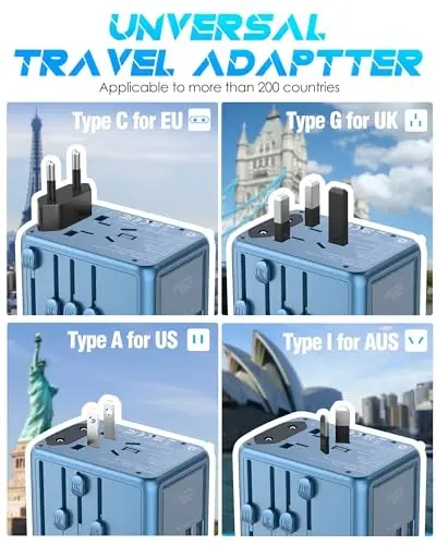 URJD Universal Travel Adapter Offers 6.0A 3X 3.0A USB-C Ports, 2X 2.4A USB-A Ports and 2500W Multi AC Outlet, International Power Plug Adapter Worldwide Travel Charger for EU USA UK AUS (Blue) - 2