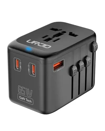 URJD Universal Travel Adapter GaN 65W Fast Charger, 3 USB-C (Each 65W) & 1 USB-A (PD 45W), 2500W AC Outlet, International Power Adapter for Europe, UK, US, Australia, Worldwide Travel Plug Adapter - 1