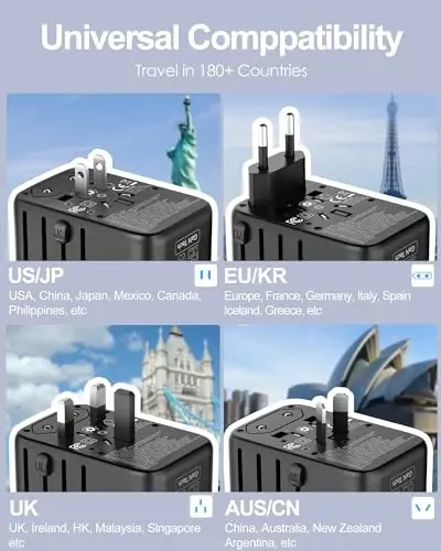 URJD Universal Travel Adapter GaN 65W Fast Charger, 3 USB-C (Each 65W) & 1 USB-A (PD 45W), 2500W AC Outlet, International Power Adapter for Europe, UK, US, Australia, Worldwide Travel Plug Adapter - 3