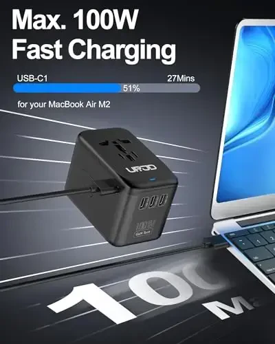 URJD Universal Travel Adapter 100W GaN Fast Charger in One, 4 USB C & 1 USB A & AC Outlet, International Power Plug Adapter with EU UK US AUS Plugs for 180+ Countries - 2