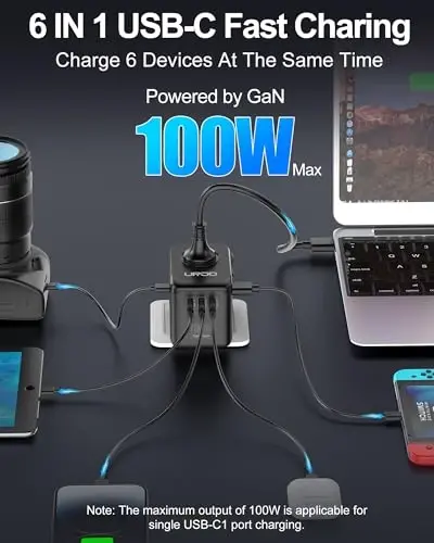 URJD Universal Travel Adapter 100W GaN Fast Charger in One, 4 USB C & 1 USB A & AC Outlet, International Power Plug Adapter with EU UK US AUS Plugs for 180+ Countries - 4