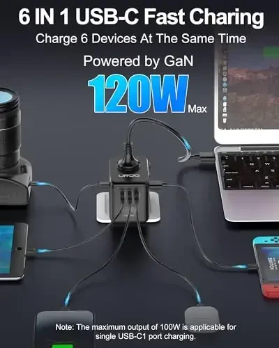 URJD Universal Travel Adapter, 120W GaN International Power Plug Adapter, 5 USB Ports and 1 AC Outlet, All-in-One Travel Charger for 200+Countries, Fast Charging All USB & Dual Voltage Devices - 3