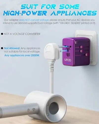 URJD Universal Travel Adapter 5.8A 3X 3.0A USB-C Portlari, 2X 2.4A USB-A Portlari va Multi AC Rozетки, Hammasi Birlashtirilgan Xalqaro Quvvat Shtekker Adaptori Dunyo Bo'ylab Sayohat Zaryadlovchi (Binafsha) - URJD