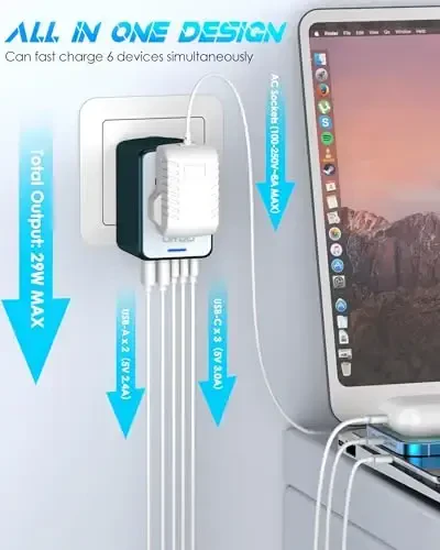 URJD Universal Travel Adapter 6.0A 3X 3.0A USB-C Portlar, 2X 2.4A USB-A Portlar va Multi AC Chiqishlari bilan, Yevropa Ittifoqi Buyuk Britaniya AUS AQSh uchun Xalqaro Quvvat Ulagichi Adapteri Dunyo bo'ylab Sayohat Zaryadlovchi (C/G/I/A Ulagich turi) - URJD (1)