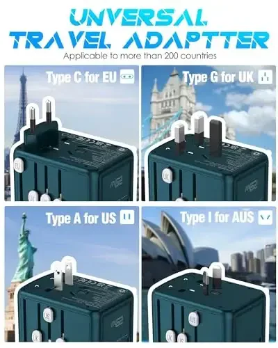 URJD Universal Travel Adapter 6.0A 3X 3.0A USB-C Portlar, 2X 2.4A USB-A Portlar va Multi AC Chiqishlari bilan, Yevropa Ittifoqi Buyuk Britaniya AUS AQSh uchun Xalqaro Quvvat Ulagichi Adapteri Dunyo bo'ylab Sayohat Zaryadlovchi (C/G/I/A Ulagich turi) - 3