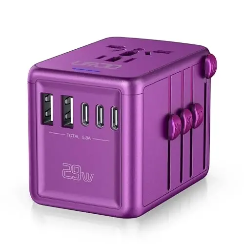 URJD Universal Travel Adapter Offers 5.8A 3X 3.0A USB-C Ports, 2X 2.4A USB-A Ports and Multi AC Outlet, All-in-One International Power Plug Adapter Worldwide Travel Charger (Purple) - 2