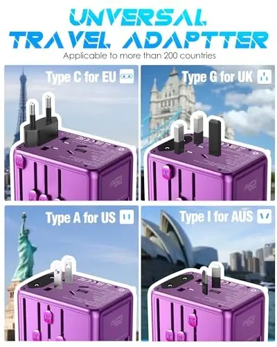 URJD Universal Travel Adapter Offers 5.8A 3X 3.0A USB-C Ports, 2X 2.4A USB-A Ports and Multi AC Outlet, All-in-One International Power Plug Adapter Worldwide Travel Charger (Purple) - 4