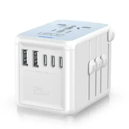 URJD Universal Travel Adapter with 5 USB Ports (3 USB C) & Multi AC Outlet, International Power Plug Adapter Worldwide Travel Wall Charger for Europe UK US AUS (Type C/G/A/I, White) - URJD