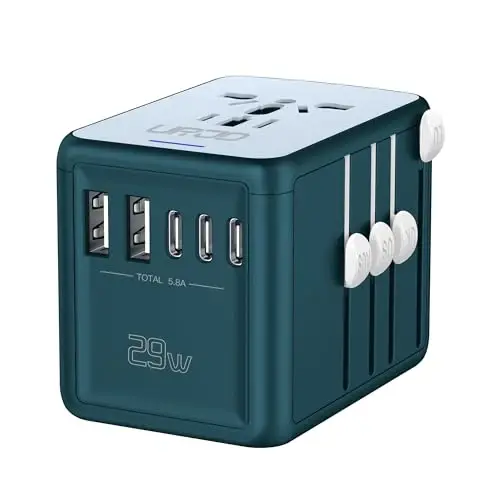 URJD Universal Travel Adapter with 6.0A 3X 3.0A USB-C Ports, 2X 2.4A USB-A Ports and Multi AC Outlets, International Power Plug Adapter Worldwide Travel Charger for EU UK AUS USA (Type C/G/I/A Plug) 
