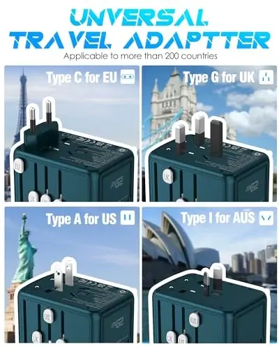 URJD Universal Travel Adapter with 6.0A 3X 3.0A USB-C Ports, 2X 2.4A USB-A Ports and Multi AC Outlets, International Power Plug Adapter Worldwide Travel Charger for EU UK AUS USA (Type C/G/I/A Plug) - 3