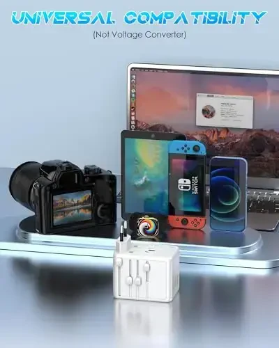 URJD Универсальный адаптер для путешествий с 5 портами USB (3 USB C) и несколькими розетками переменного тока, международный адаптер питания для путешествий по всему миру, настенное зарядное устройство для Европы, Великобритании, США, Австралии (тип C/G/A/I, белый) - 7