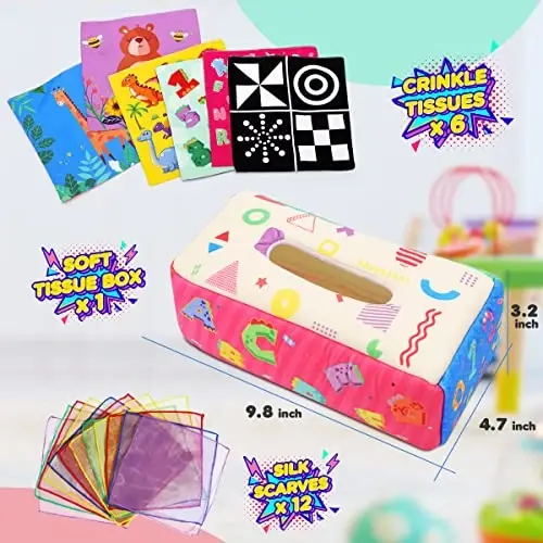 URMYWO Baby Tissue Box Toy, Montessori Baby Toys for 6-12 Months 1 Year Old Boy Girl, Soft Crinkle Sensory Toys for Infant Toddlers, Stocking Stuffers, Baby Boy Girl Gifts - 4