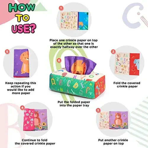 URMYWO Baby Tissue Box Toy, Montessori Baby Toys for 6-12 Months 1 Year Old Boy Girl, Soft Crinkle Sensory Toys for Infant Toddlers, Stocking Stuffers, Baby Boy Girl Gifts - 3