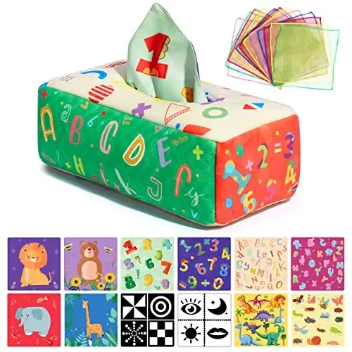 URMYWO Baby Tissue Box Toy, Montessori Baby Toys for 6-12 Months 1 Year Old Boy Girl, Soft Crinkle Sensory Toys for Infant Toddlers, Stocking Stuffers, Baby Boy Girl Gifts - 1