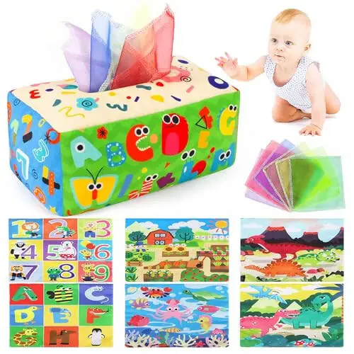 URMYWO Baby Tissue Box Toy - Montessori Baby Toys for 6-12 Months 1 Year Old Boy Girl - Soft Crinkle Sensory Toys for Infant Toddlers - Easter Basket Essentials Stuffers - Baby Boy Girl Gifts - 1