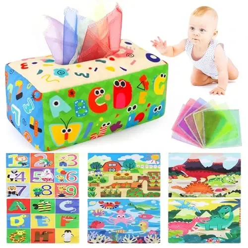 URMYWO Baby Tissue Box Toy - Montessori Baby Toys for 6-12 Months 1 Year Old Boy Girl - Soft Crinkle Sensory Toys for Infant Toddlers - Easter Basket Essentials Stuffers - Baby Boy Girl Gifts 