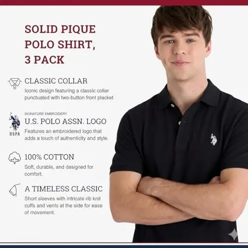 U.S. Polo Assn. Men's Classic Polo Shirt, Two-Button Closure Pique Polo Shirt, Summer Fashion Golf Shirt | Two-Button Closure Pique Polo Shirt, Summer Fashion Golf Shirt - 3