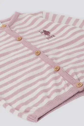 U.S. Polo Assn Pembe Çizgili Düğmeli Bebek Bebek Hırka - 2