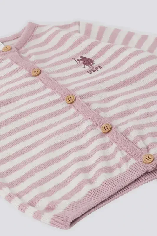 U.S. Polo Assn Pembe Çizgili Düğmeli Bebek Bebek Hırka - 2