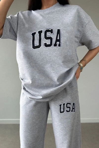 Usa T-shirt Eşofman Altı Jogger - Gri Baskılı Alt Üst Eşofman Takım Oversize Bisiklet Yaka - 6