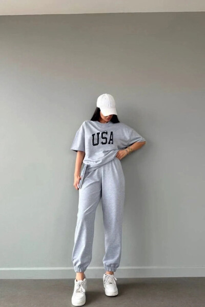 Usa T-shirt Eşofman Altı Jogger- Gri Baskılı Alt Üst Eşofman Takım Oversize Bisiklet Yaka-Gri - 3
