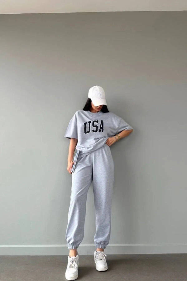 Usa T-shirt Eşofman Altı Jogger- Gri Baskılı Alt Üst Eşofman Takım Oversize Bisiklet Yaka-Gri - 3