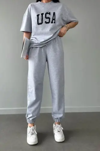 Usa T-shirt Eşofman Altı Jogger- Gri Baskılı Alt Üst Eşofman Takım Oversize Bisiklet Yaka - Gri 