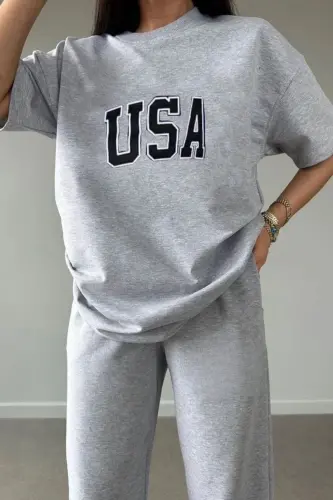Usa T-shirt Eşofman Altı Jogger - Gri Baskılı Alt Üst Eşofman Takım Oversize Bisiklet Yaka - CLAYES (1)