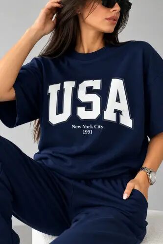 Usa T-shirt Eşofman Altı Jogger- Lacivert Baskılı Alt Üst Eşofman Takım Oversize Bisiklet Yaka - Lacivert - 1