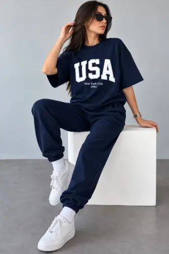 Usa T-shirt Eşofman Altı Jogger- Lacivert Baskılı Alt Üst Eşofman Takım Oversize Bisiklet Yaka - Lacivert - 3