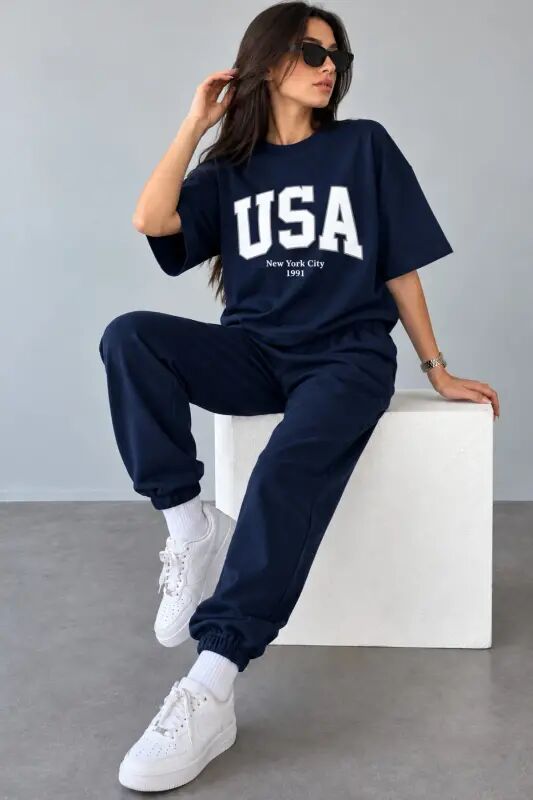 Usa T-shirt Eşofman Altı Jogger- Lacivert Baskılı Alt Üst Eşofman Takım Oversize Bisiklet Yaka - Lacivert - 3