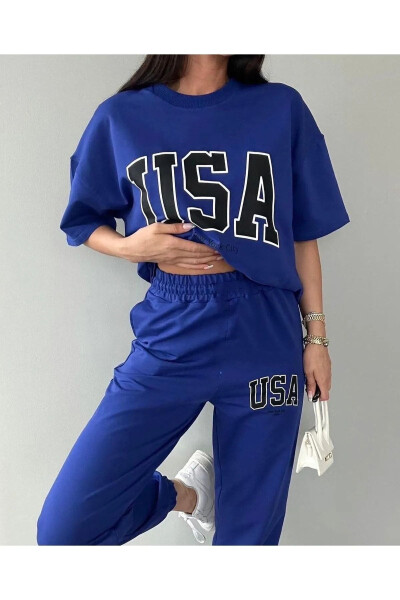 Usa T-shirt Eşofman Altı Jogger- Mavi Baskılı Alt Üst Eşofman Takım Oversize Bisiklet Yaka - 4