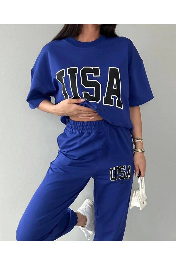 Usa T-shirt Eşofman Altı Jogger- Mavi Baskılı Alt Üst Eşofman Takım Oversize Bisiklet Yaka - 5