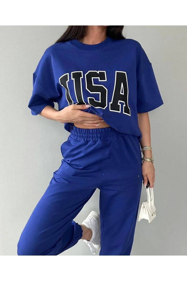 Usa T-shirt Eşofman Altı Jogger- Mavi Baskılı Alt Üst Eşofman Takım Oversize Bisiklet Yaka-Mavi - 2