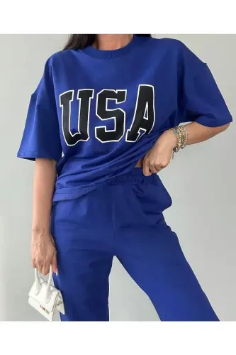 Usa T-shirt Eşofman Altı Jogger- Mavi Baskılı Alt Üst Eşofman Takım Oversize Bisiklet Yaka - Mavi 